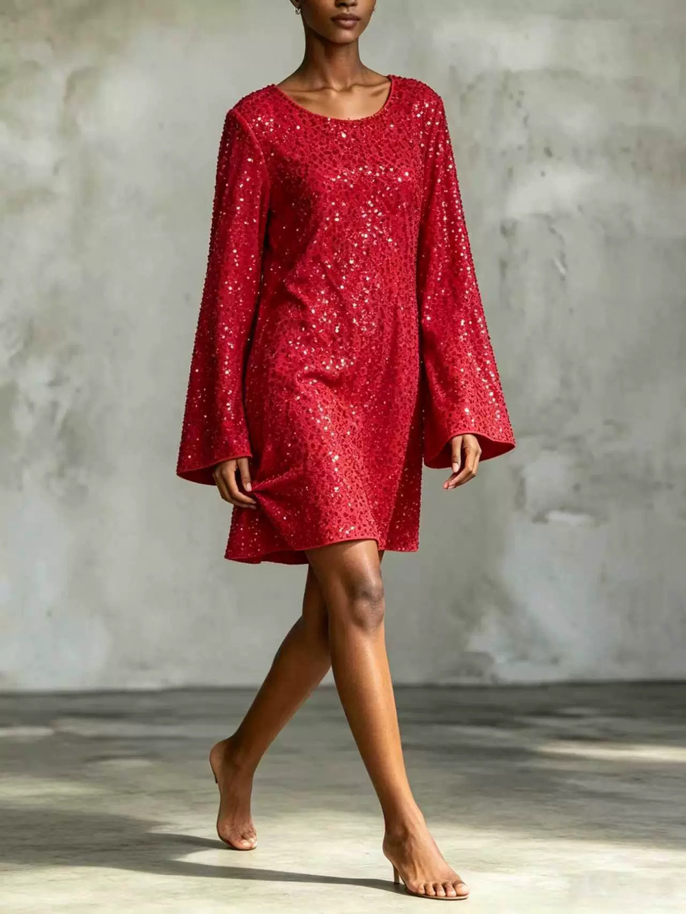 ZARA Fall Winter Round Neck Long Sleeve Loose Tie Sexy Sequin Mini Dress Women